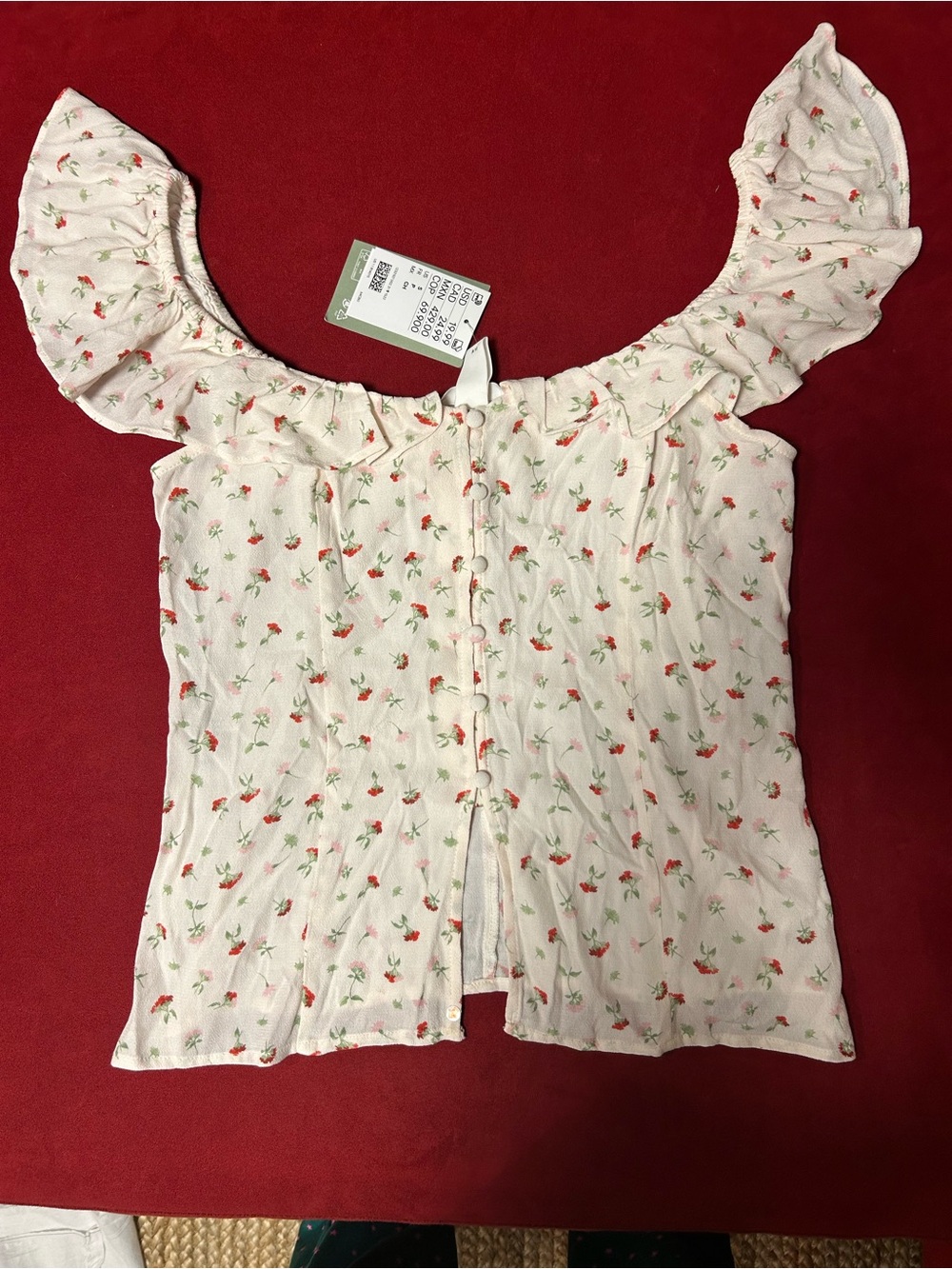 H&M Cream Off-Shoulder Floral Button-Up Top